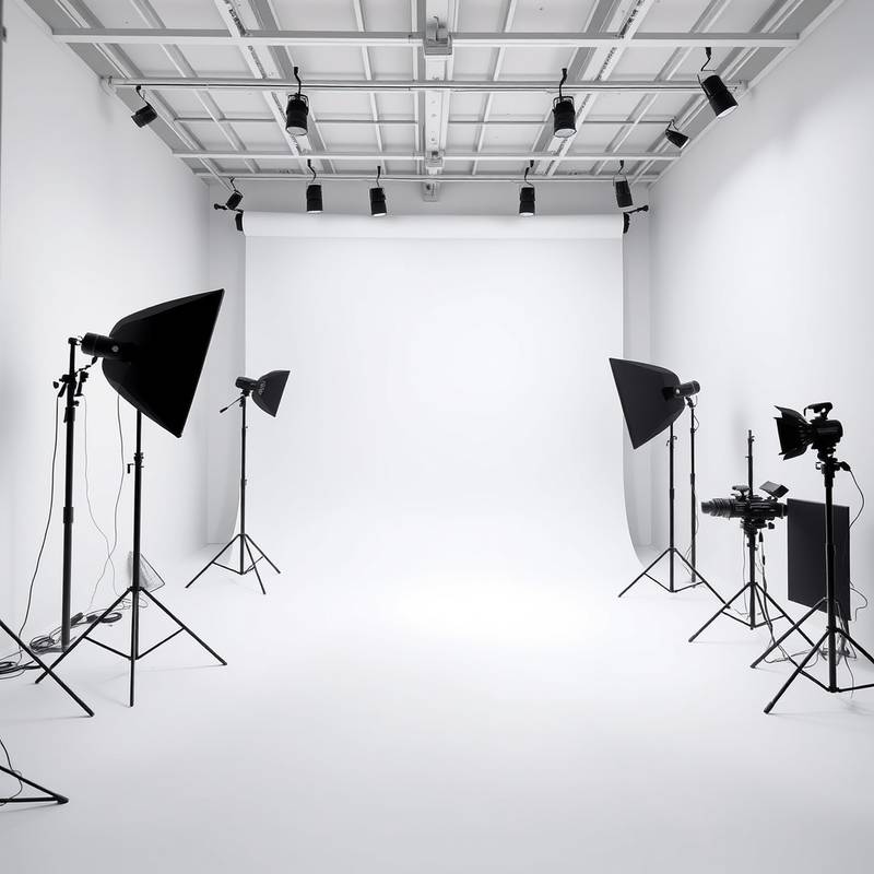 A brightly lit photo studio with a large white cyclorama wall, professional lighting equipment, and ample space for large-scale productions.