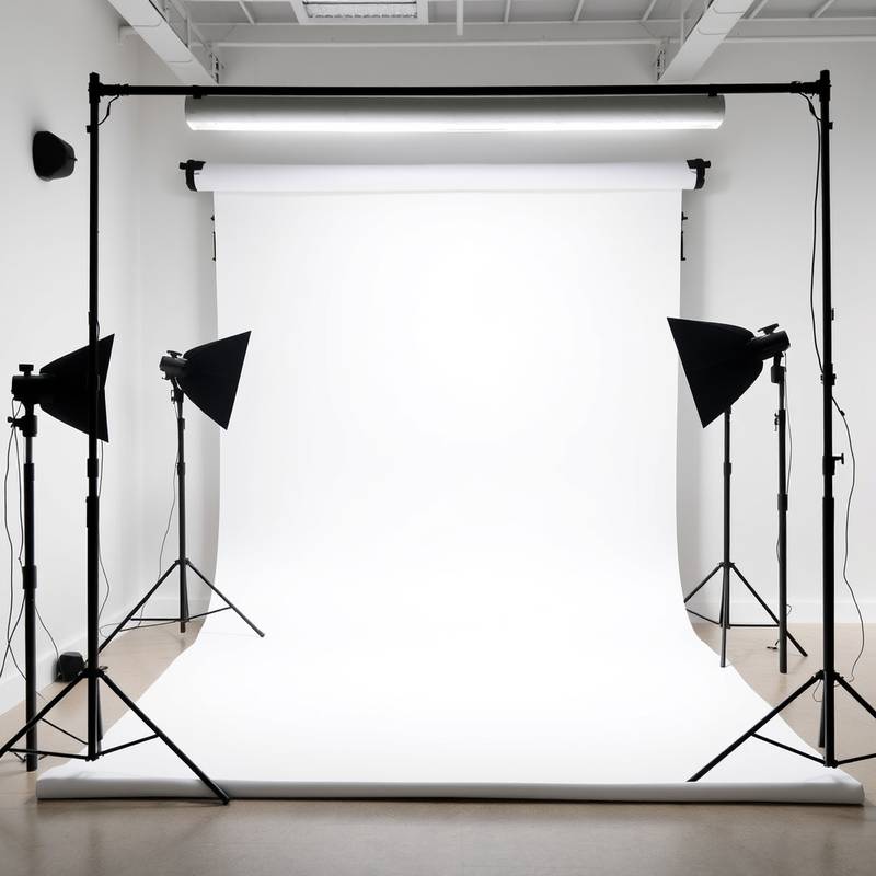 A brightly lit photo studio with white backdrop and professional lighting equipment.