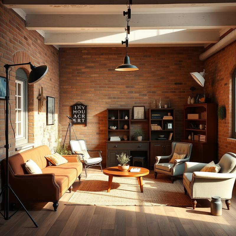 A cozy and stylish photo studio with a rustic brick wall, vintage furniture, and soft natural light, creating a warm and inviting atmosphere.