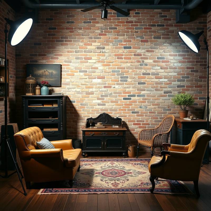 A cozy photo studio with a vintage aesthetic, featuring a brick wall and antique furniture.