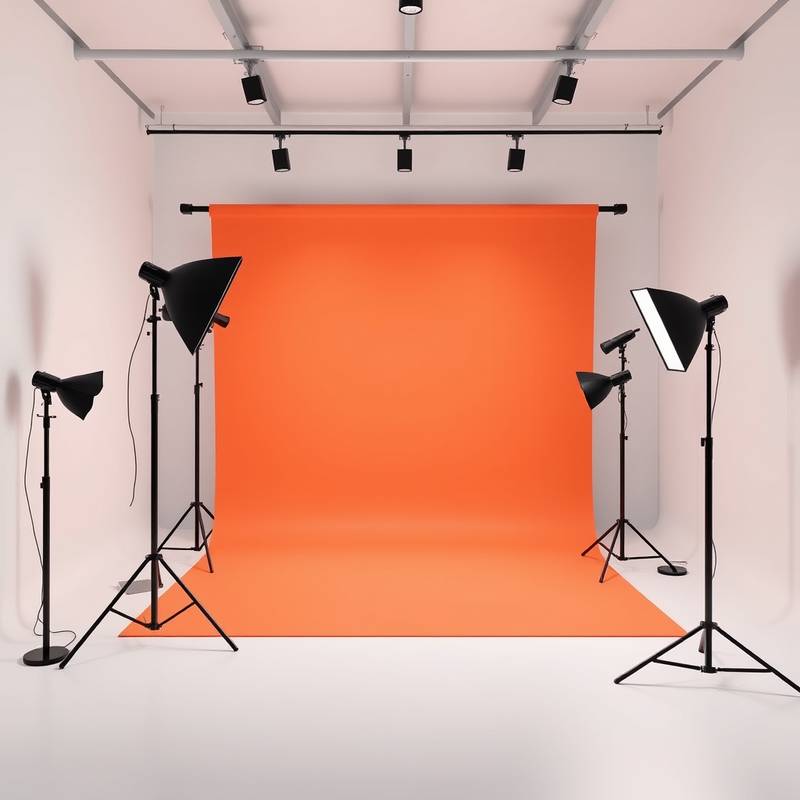 A modern and minimalist photo studio with colored backdrops, seamless paper rolls, and a variety of lighting equipment perfect for product photography.