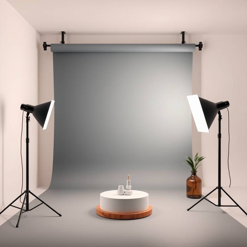 A modern photo studio with colored backdrops and a minimalist setup for product photography.
