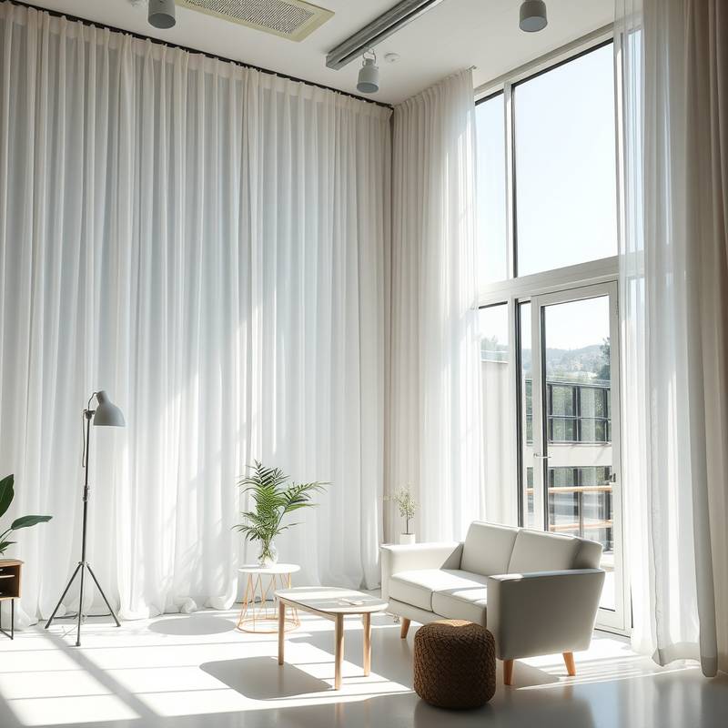 A natural light studio bathed in sunlight with large windows, sheer curtains, and minimalist furniture, perfect for capturing soft and ethereal portraits.