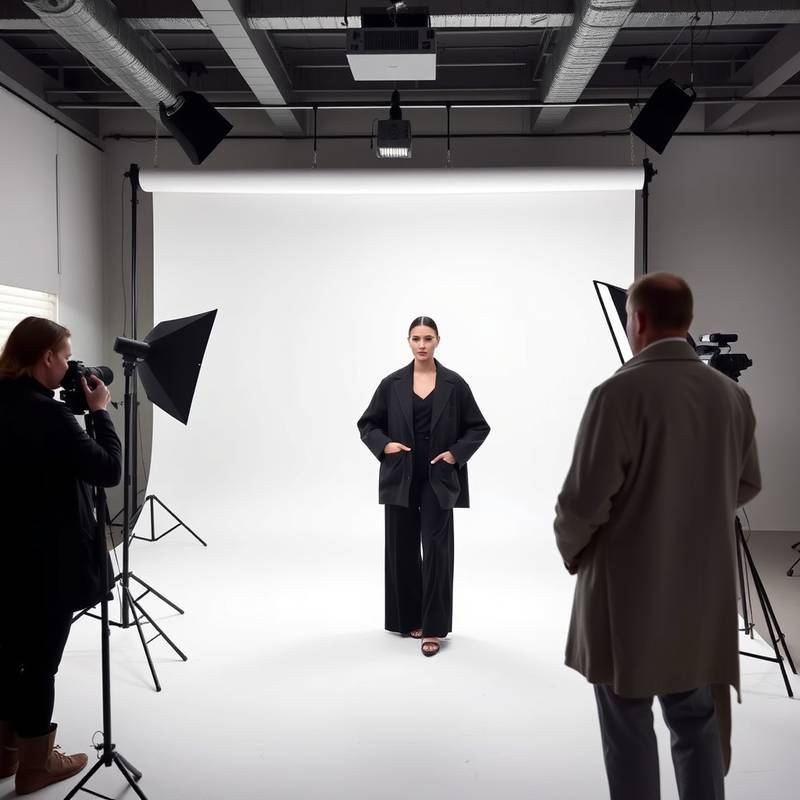 A photographer using Studio A for a fashion photoshoot, demonstrating the studio's spaciousness.